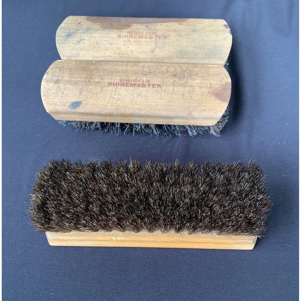 Vintage Griffin Shinemaster and Oxco Horse Hair Shoe Shining Brushes Wood Handle
